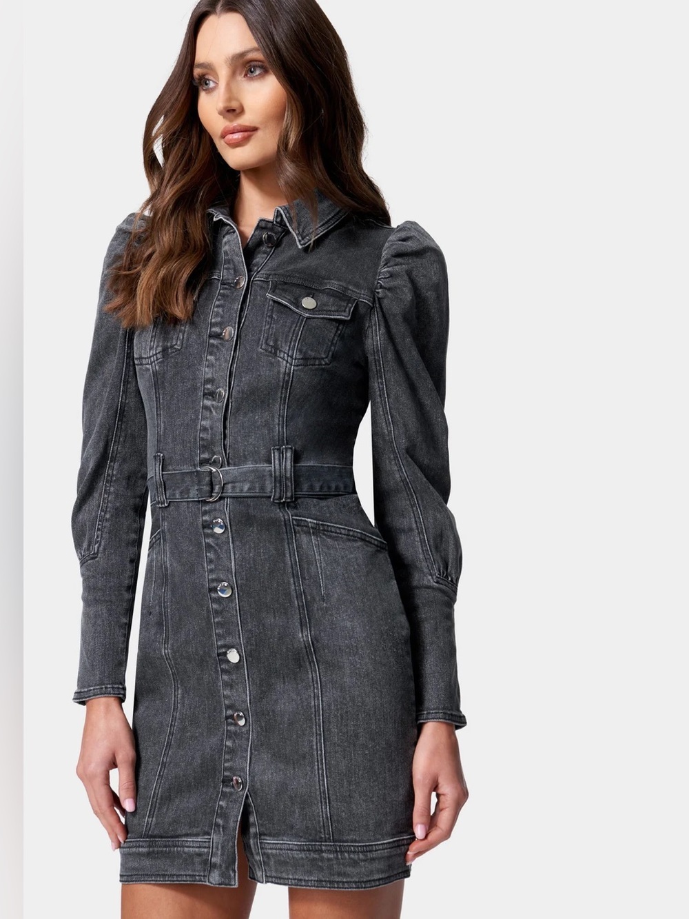 Bebe Puff Sleeves Faded Black Denim Jean Buttoned Belted Mini Dress Size 2